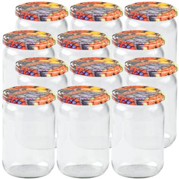 12er Set Einmachgläser - 720ml mit Schraubdeckel (Früchte-Muster) - Praktische Sturzgläser ideal zum Einkochen von Marmelade & als Vorratsglas