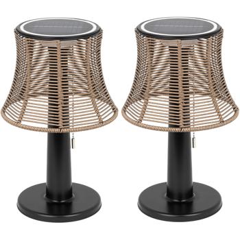 Preview: Lot de 2 Lampes de Table LED Solaires Rétro - Abat-jour Rotin Tressé, Éclairage Ambiance Jardin/Terrasse - Ø21xH33cm, IP44, 10 LED Blanc Chaud, Sans Fil