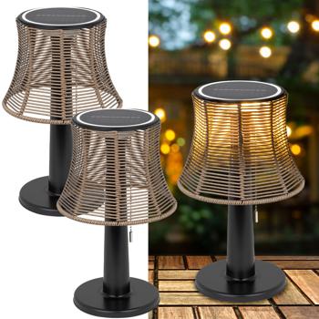2er-Set Retro LED-Solar-Tischlampe mit Lampenschirm in Rattan-Optik , 21 x 33 cm, stimmungsvolle Beleuchtung für Garten & Terrasse, kabellos