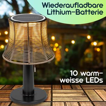 Preview: 2er-Set Retro LED-Solar-Tischlampe mit Lampenschirm in Rattan-Optik , 21 x 33 cm, stimmungsvolle Beleuchtung für Garten & Terrasse, kabellos