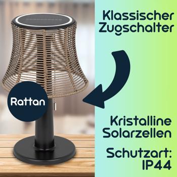 Preview: 2er-Set Retro LED-Solar-Tischlampe mit Lampenschirm in Rattan-Optik , 21 x 33 cm, stimmungsvolle Beleuchtung für Garten & Terrasse, kabellos