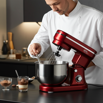 Preview: Robot da cucina di design, elegante rosso-argento, ciotola in acciaio inox da 5 litri, 1200 W - Di alta qualità, moderno e potente, per cuocere, cucinare e altro ancora