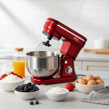 Design Küchenmaschine, edles Rot-Silber, 5 l Edelstahl-Schüssel, 1200 W - Hochwertig, modern & leistungsstark, für Backen, Kochen & mehr