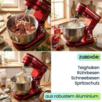 Preview: Design Küchenmaschine, edles Rot-Silber, 5 l Edelstahl-Schüssel, 1200 W - Hochwertig, modern & leistungsstark, für Backen, Kochen & mehr