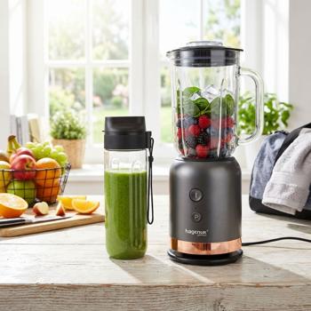Mixer Premium 2in1 da portare con sé, 0,6L, 350W: per frullati e shake a casa e in viaggio, oro rosa antracite, elegante e compatto