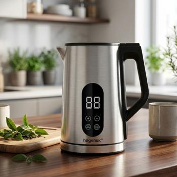 Design Edelstahl-Wasserkocher mit digitalem LED Touch-Display, 1,7L, 2200W , 360° drehbar - edles, schnelles & sicheres Wasser kochen