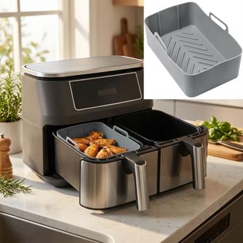 Preview: 2er-Set Hochwertige Silikonform für Dual-Heissluftfritteuse, grau, 20 x 12,7 x 7 cm, Antihaft, hitzebeständig & spülmaschinenfest