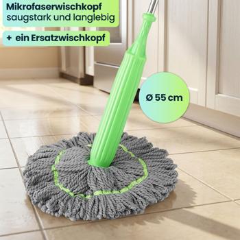 Preview: Wischmopp mit Auswringfunktion & Ersatzwischkopf – 360° drehbarer Mikrofaser-Wischmopp für streifenfreie Böden, 55cm Wischkopf