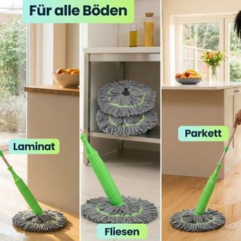 Preview: Wischmopp mit Auswringfunktion & Ersatzwischkopf – 360° drehbarer Mikrofaser-Wischmopp für streifenfreie Böden, 55cm Wischkopf