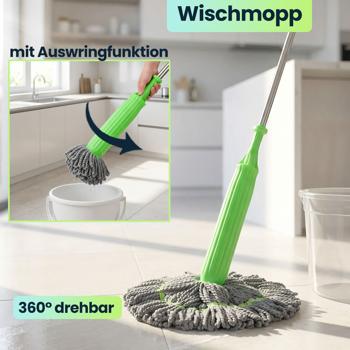 Preview: Wischmopp mit Auswringfunktion & Ersatzwischkopf – 360° drehbarer Mikrofaser-Wischmopp für streifenfreie Böden, 55cm Wischkopf