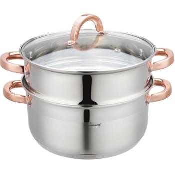 Preview: Casserole avec insert vapeur et couvercle - Argenté-rosé 5L - Cuisson saine induction compatible lave-vaisselle - Acier inoxydable