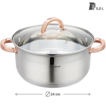 Preview: Casserole avec insert vapeur et couvercle - Argenté-rosé 5L - Cuisson saine induction compatible lave-vaisselle - Acier inoxydable