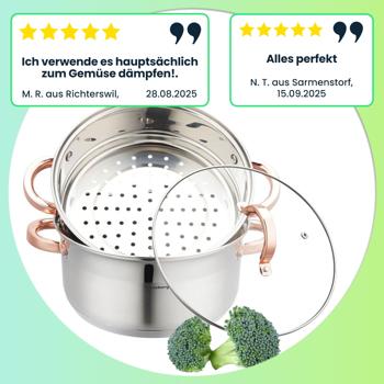 Preview: Edler Kochtopf inklusive Dampfeinsatz und Deckel, silber-roségold, 5 l - schonendes Garen durch Dampf - geeignet für alle Herdarten