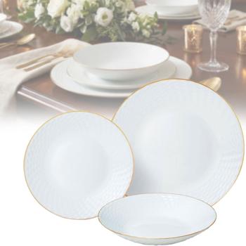 Élégant set de vaisselle en verre opale blanc 18 pièces avec liseré doré - pour 6 personnes - compatible lave-vaisselle & micro-ondes - de haute qualité & intemporel