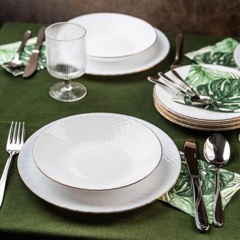 Preview: Elegante set di stoviglie in vetro opale bianco da 18 pezzi con bordo dorato - per 6 persone - adatto a lavastoviglie & microonde - di alta qualità & senza tempo