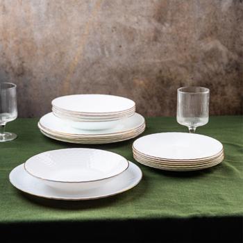 Preview: Elegante set di stoviglie in vetro opale bianco da 18 pezzi con bordo dorato - per 6 persone - adatto a lavastoviglie & microonde - di alta qualità & senza tempo