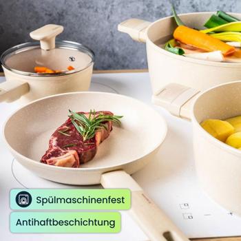 Preview: Hochwertiges Design Kochset m. marmorierter Antihaftbeschichtung, inkl. Untersetzer, Glasdeckel, Soft Touch Griffe, 12-teilig, beige