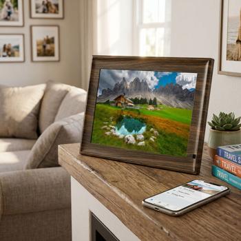 Digitaler Bilderrahmen in edler Holzoptik, App-Steuerung & weltweitem Bild-Upload, 10,1‘‘, für lebendige Erinnerungen, Modern & hochwertig
