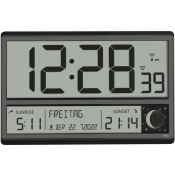 Preview: Horloge murale radio-pilotée digitale XL - Réveil snooze, phases lune, lever/coucher soleil - Calendrier, auto, bureau/maison - 36x23.5cm noire