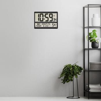 Preview: Horloge Radiopilotée Numérique XL - Affichage Température/Humidité - Réglage Automatique Heure - Alarme Snooze - Bureau/Maison/Murale - Noir - Précision Max