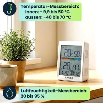 Preview: Thermometer und Hygrometer für innen & aussen, inklusive Funk-Aussensensor mit 60m Reichweite - Präzise Messungen für bestes Raumklima
