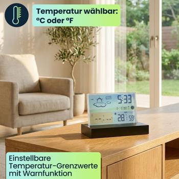 Preview: Moderne Funk-Wetterstation farbig: Rahmenloses LCD-Display für präzise Wetterprognose & Hygrometer – Mit Aussensensor