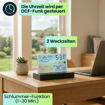 Preview: Moderne Funk-Wetterstation farbig: Rahmenloses LCD-Display für präzise Wetterprognose & Hygrometer – Mit Aussensensor