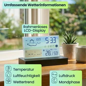 Preview: Moderne Funk-Wetterstation farbig: Rahmenloses LCD-Display für präzise Wetterprognose & Hygrometer – Mit Aussensensor
