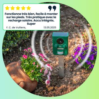 Preview: Répulsif Solaire Ultrasons et Flash Lumineux-Détecteur Mouvement 110°-Multifonctionnel Animaux Domestiques Sauvages-Portée 10m-Batterie 800 mAh