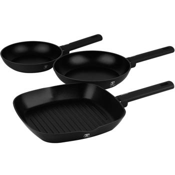 Set 3 Poêles Design Noir Mat - Induction, Alu Forgé, Triple Titane, Poignées Soft-Touch - Frire 20/24cm & Griller 28cm - Sans PFOA/Plomb/Cadmium
