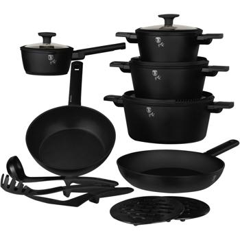 Preview: Hochwertiges Design Kochset m. Titanbeschichtung inkl. Kochbesteck, Untersetzer, Glasdeckel, Soft Touch Griffe, 15-teilig, mattschwarz