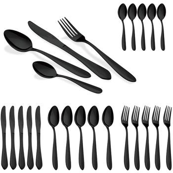 Set de Couverts Moderne 24 Pièces Noir - Acier Inoxydable Haute Qualité - Pour 6 Personnes- Dîners & Quotidien- Design Intemporel