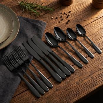 Preview: Modernes 24-tlg. Besteck Set, schwarz: Für 6 Personen, zeitloses Design, perfekt für Dinnerpartys & den Alltag