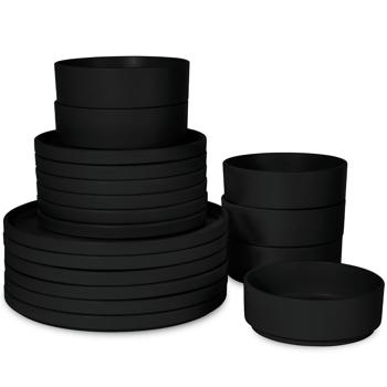 Preview: Set de Vaisselle Design 18 Pièces en Faïence Noir Mat - Empilable - Idéal Usage Quotidien - Micro-ondes & Lave-vaisselle