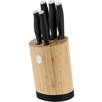 Preview: Élégant set de couteaux avec support en bambou, 6 pièces, noir mat : couteaux de cuisine tranchants, de haute qualité, robustes et idée cadeau parfaite pour les passionnés de cuisine