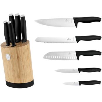 Preview: Élégant set de couteaux avec support en bambou, 6 pièces, noir mat : couteaux de cuisine tranchants, de haute qualité, robustes et idée cadeau parfaite pour les passionnés de cuisine