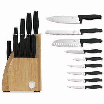 Elegantes Messerset mit Bambus-Ständer, 10-tlg., mattschwarz: Scharfe Küchenmesser, hochwertig, robust & perfekte Geschenkidee für Kochliebhaber