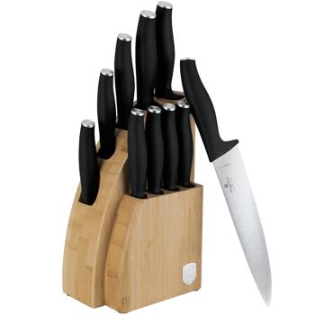 Preview: Set de Couteaux de Cuisine - 10 Pièces avec Support Bambou Noir Mat - Lames Inox Aiguisées Main - Ergonomique - Polyvalent