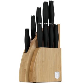 Preview: Set de Couteaux de Cuisine - 10 Pièces avec Support Bambou Noir Mat - Lames Inox Aiguisées Main - Ergonomique - Polyvalent
