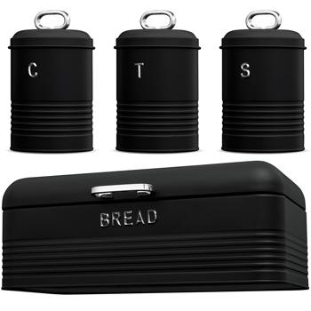 Vintage-Vorratsbehälter-Set: Edelstahl, edles matt-schwarz, Brotbox, Kaffeedose, Zuckerdose, Teedose mit Aufdruck, für nostalgische & stilvolle Aufbewahrung