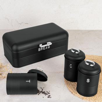 Preview: Set Récipients Vintage Acier Inoxydable Noir Mat - Boîte à Pain, Café, Sucre, Thé - Rangement Élégant Cuisine Campagne - Qualité Premium