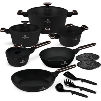 Set de cuisine design exclusif, 15 pièces, couverts de cuisine & dessous de plat, noir-or rose noble, de haute qualité & stylé