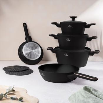 Batterie de cuisine design 10 pièces en aluminium - Revêtement antiadhésif triple titane sans PFOA - Compatible induction - Noir-rose doré