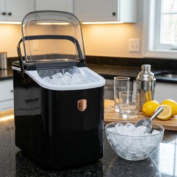 Premium Eismaschine & Eiswürfelbereiter Schwarz-Roségold, 9 perfekte Eiswürfel in 6 Minuten & 10Kg/24h, Kompakt für Bar & Küche