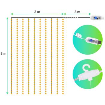 Preview: Elegante tenda luminosa a LED con telecomando, bianco caldo, 200 LED, 3x3m: illuminazione accogliente e decorazione romantica per camera da letto e soggiorno
