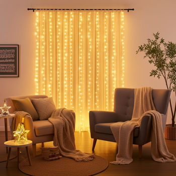 Preview: 2 rideaux lumineux élégants avec télécommande, blanc chaud, 200 LED, 3 x 3 m – éclairage chaleureux et décoration romantique pour chambre à coucher et salon