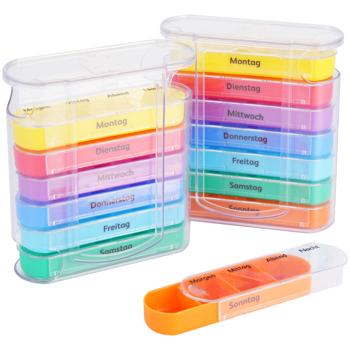 Preview: Lot de 2 piluliers 7 jours multicolores – 4 compartiments par jour – organisation facile de ses médicaments pour toute la semaine