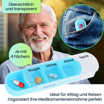 Preview: 2er Set Medikamentenbox 7 Tage: Bunt, 4 Fächer täglich – Ein Wochen-Pillendosierer für einfache, sichere Einnahme & Übersicht