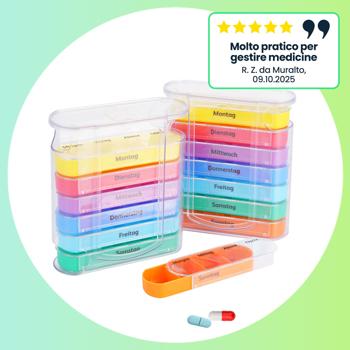 Preview: set di 4 scatole per farmaci 7 giorni: colorate, 4 scomparti giornalieri - Un dispenser settimanale di pillole per un‘assunzione facile e sicura e una visione d‘insieme
