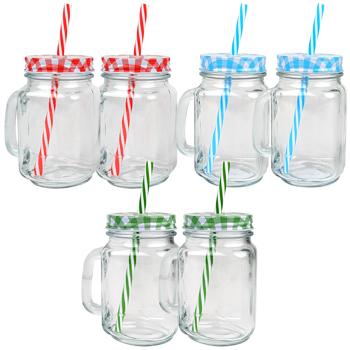 Preview: Verres à boire rétro avec couvercle coloré, anse et paille : Un set de 6 verres pour limonade, thé glacé, cocktails & smoothies - style vintage